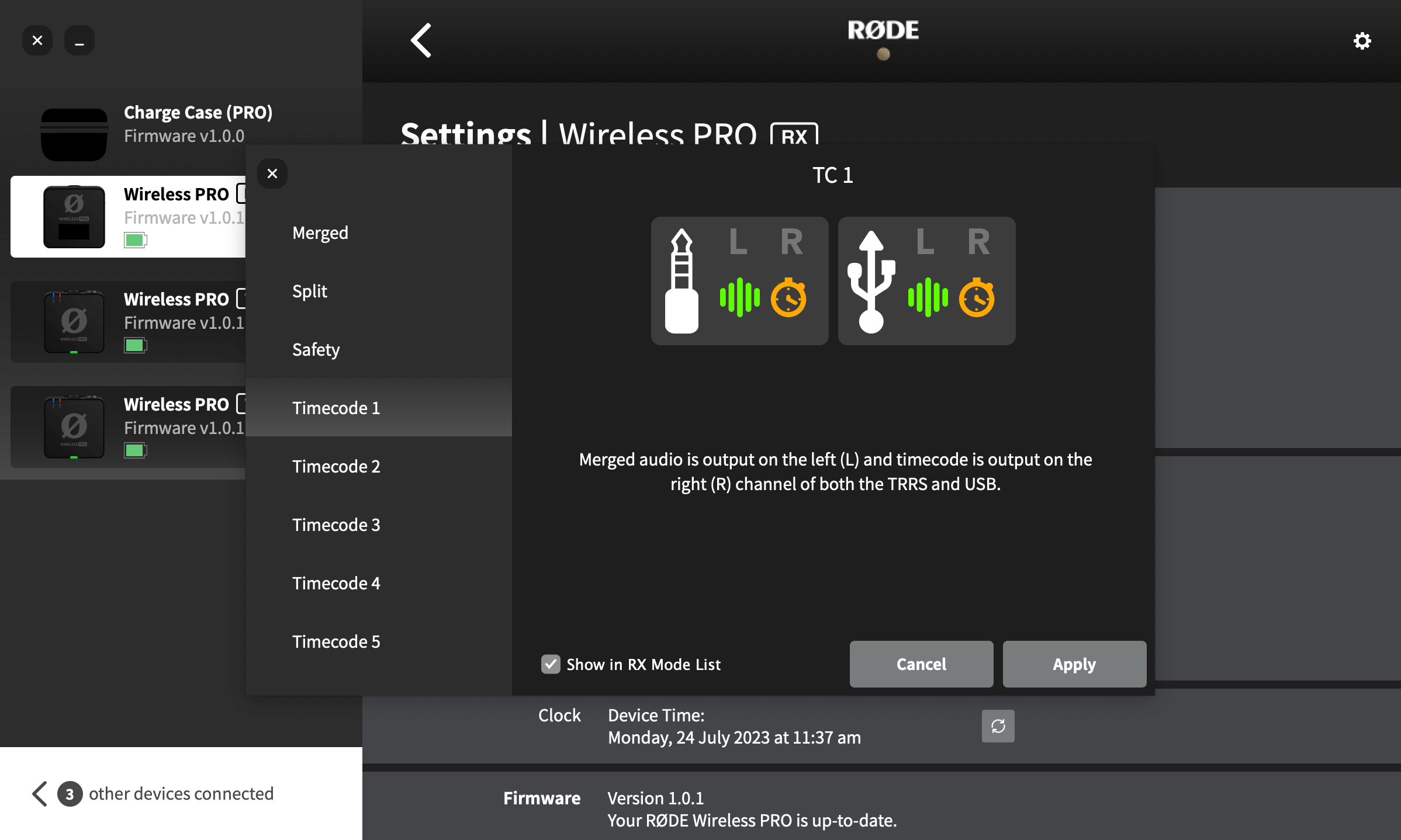 Wireless PRO Timecode Mode 1 settings